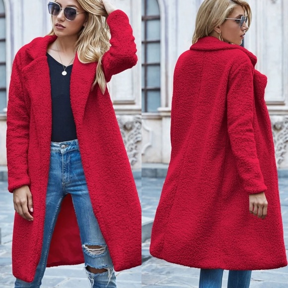 Red fur long teddy jacket coat fall trench coat - Picture 2 of 3